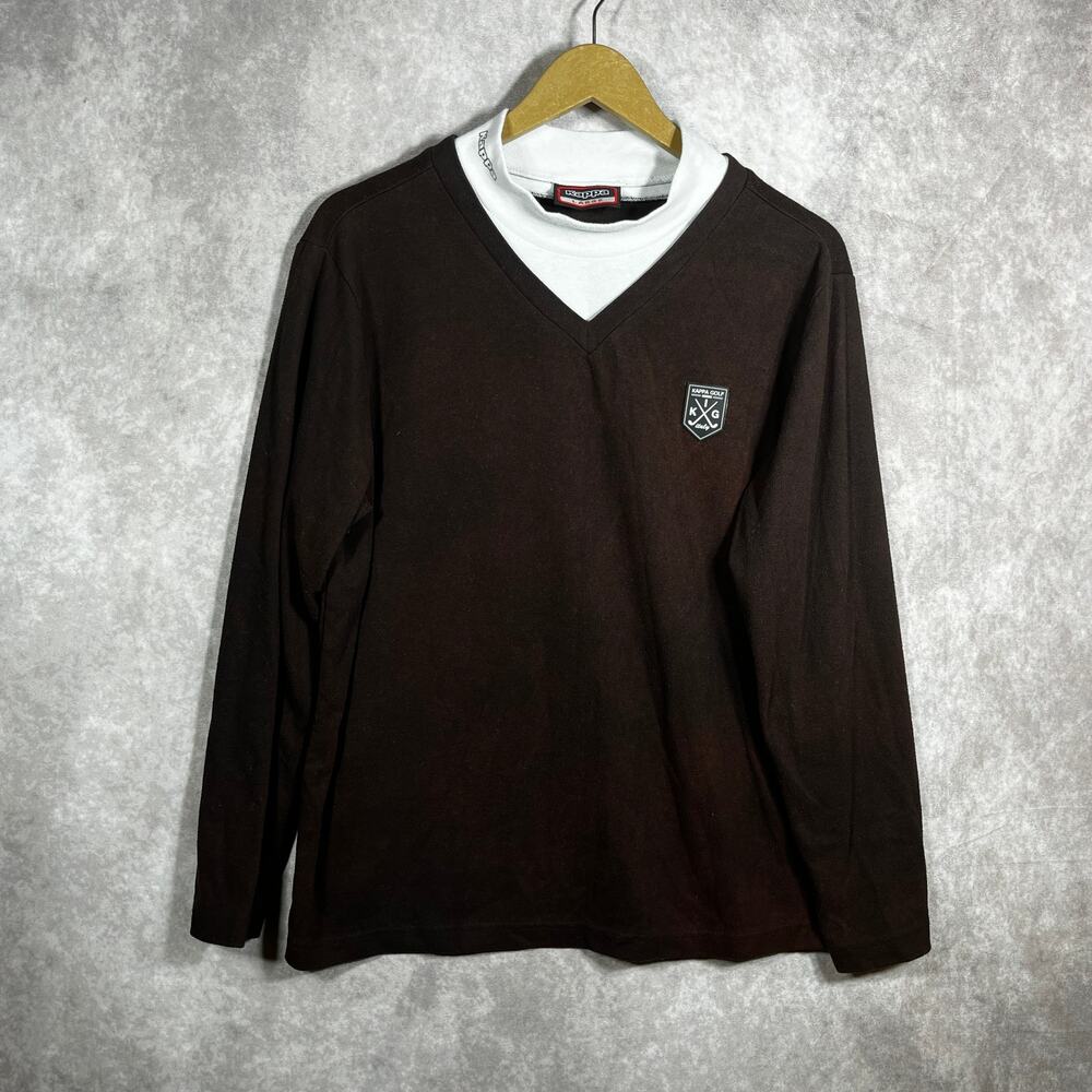 Vintage Kappa Golf Shirt Mens Large Brown Long Sleeves Mock Neck Academia Greek